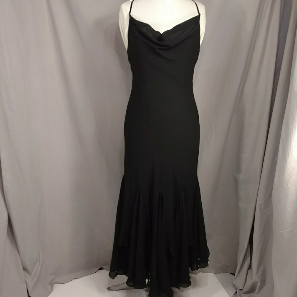 Sexy Flirty Black Dress Scarf Hem Low Cowl Neck Lined Sheer Stretch Fabric